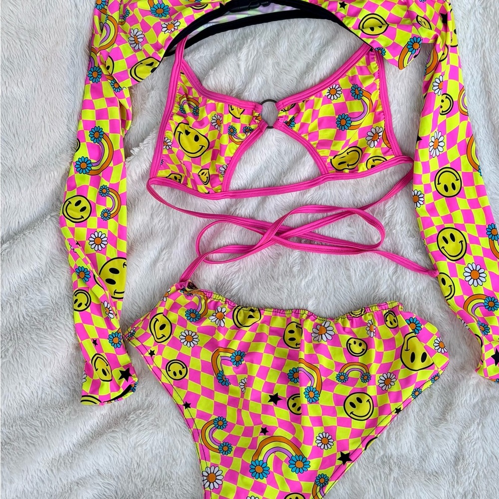 Vibrant Pink & Yellow Smiley Bikini Set